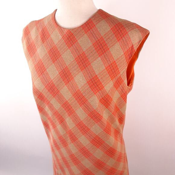 Ivan Frederics Orange Tan Plaid Retro Vintage Lined Sleeveless Dress Pleated M L - Picture 2 of 9